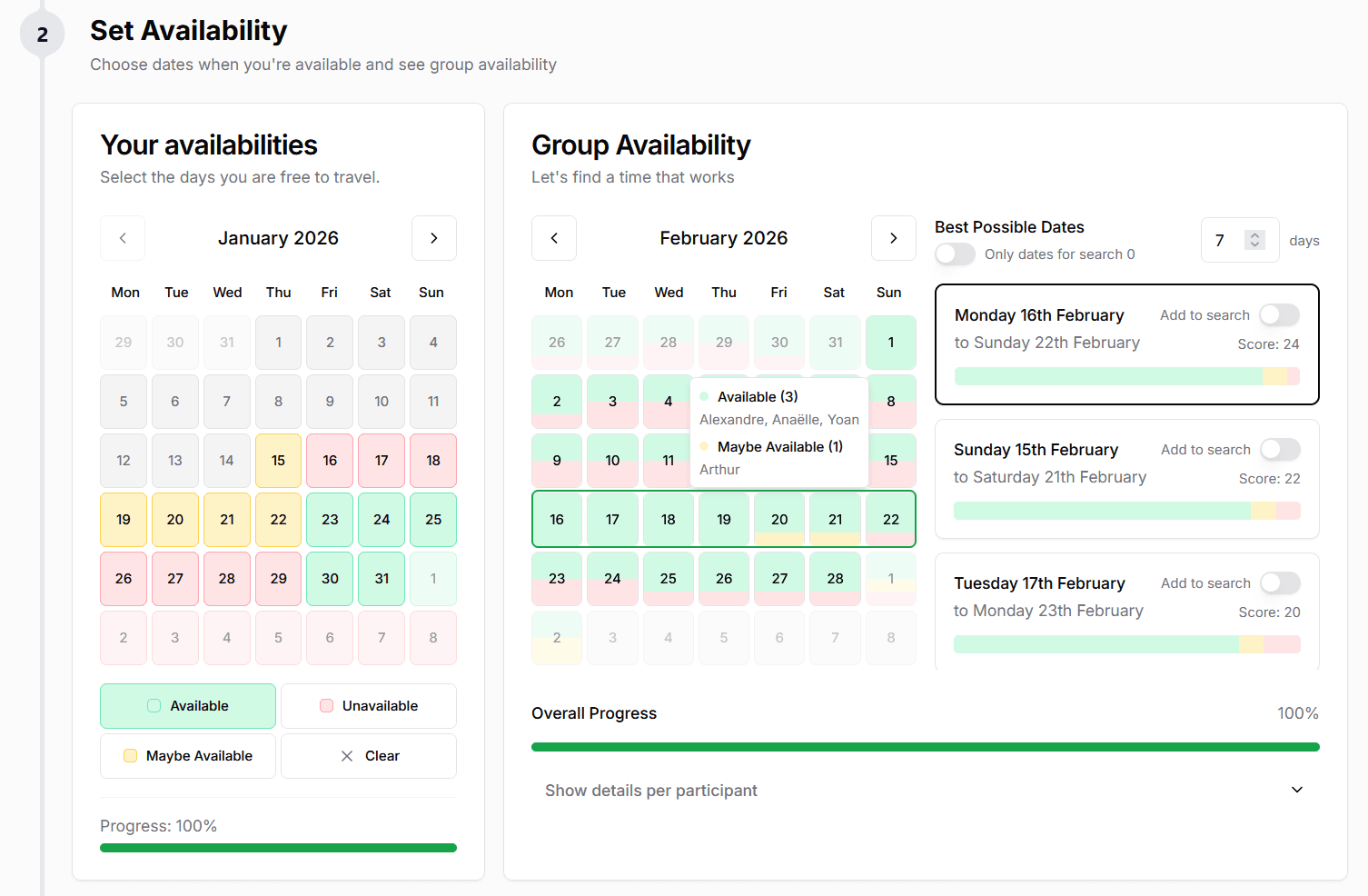 Screenshot of availability selection interface